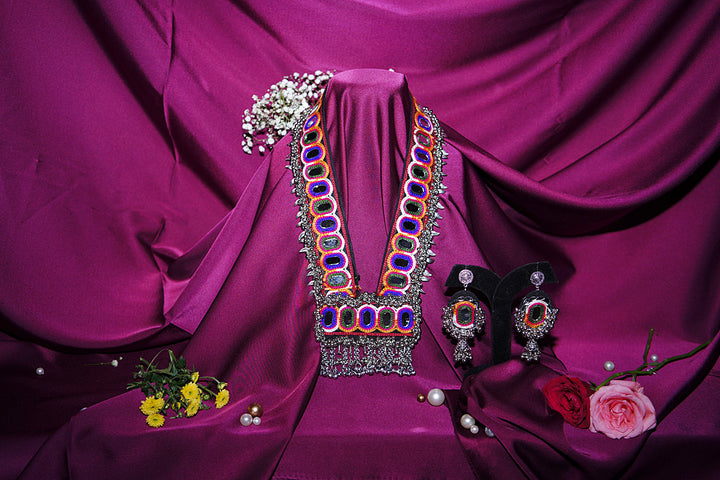 Navrang Rectangle Gujarati Silver Necklace