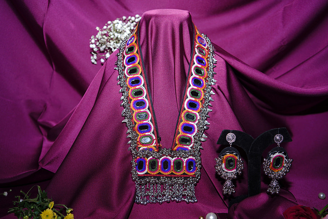 Navrang Rectangle Gujarati Silver Necklace