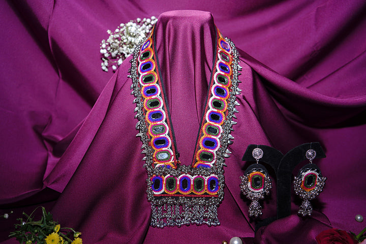 Navrang Rectangle Gujarati Silver Necklace