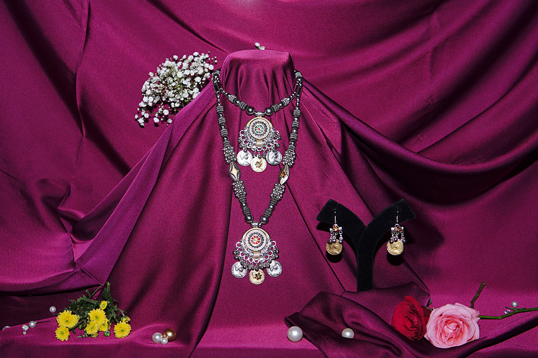 Ambe Shakti Gujarati Silver Coins Necklace