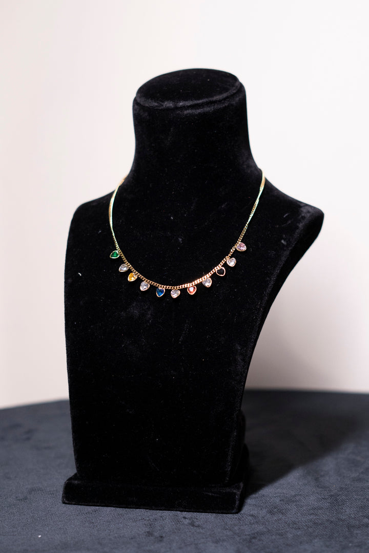Multicolored Heart Charms Golden Chain Necklace