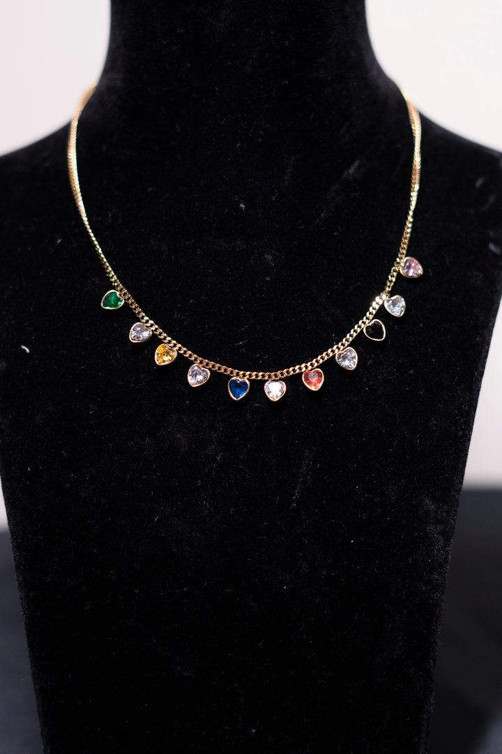 Multicolored Heart Charms Golden Chain Necklace
