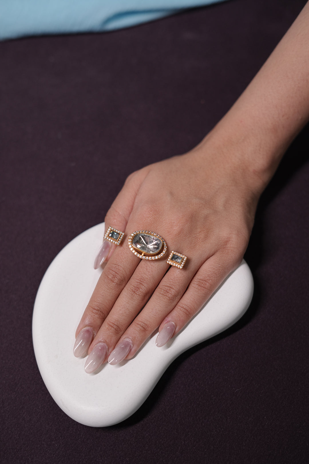 Shakti Oval Three Finger Golden Polki Ring