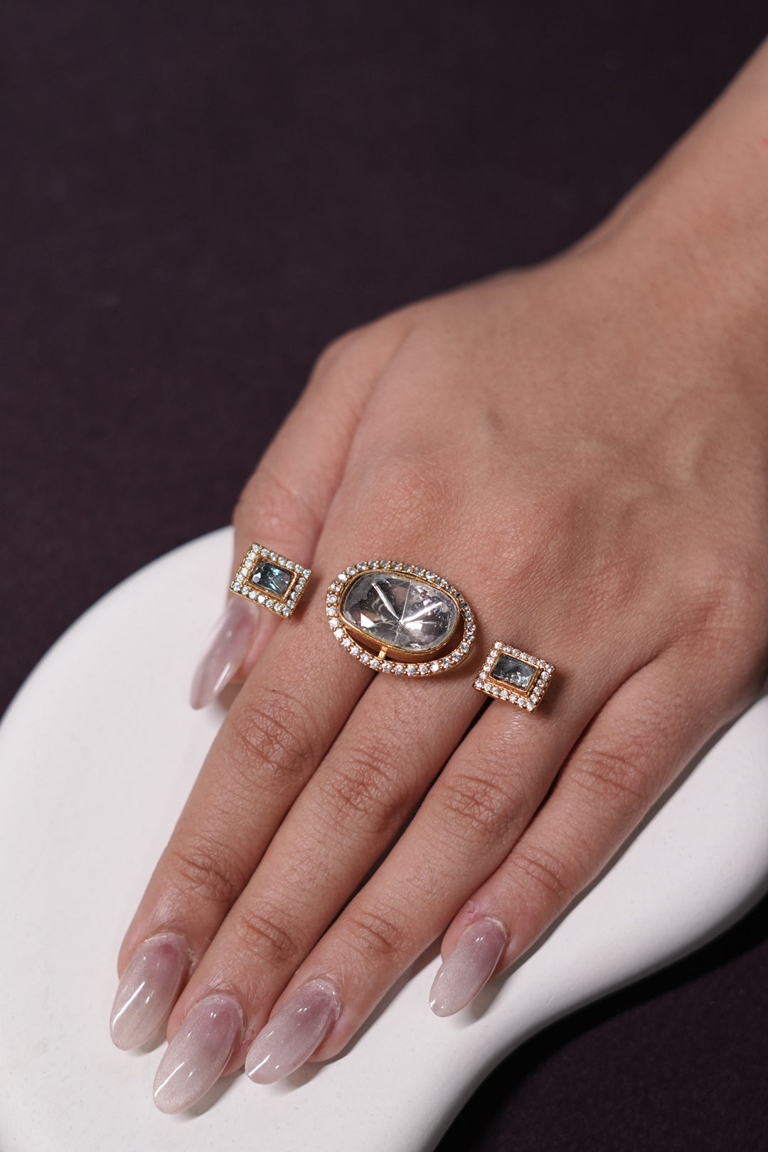 Shakti Oval Three Finger Golden Polki Ring