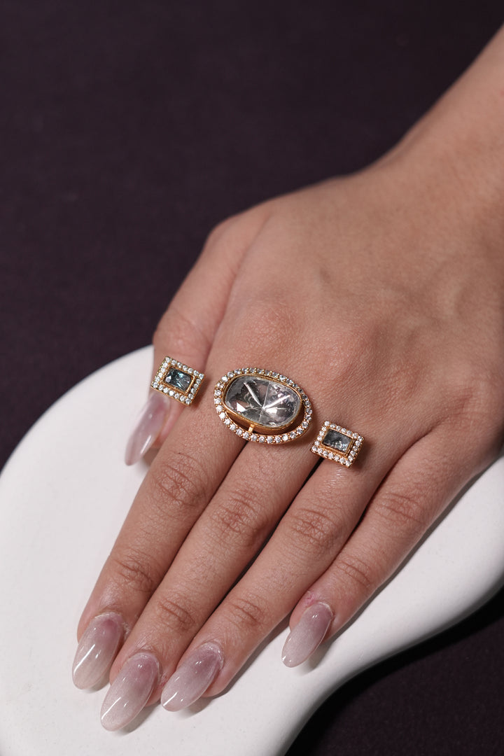 Shakti Oval Three Finger Golden Polki Ring