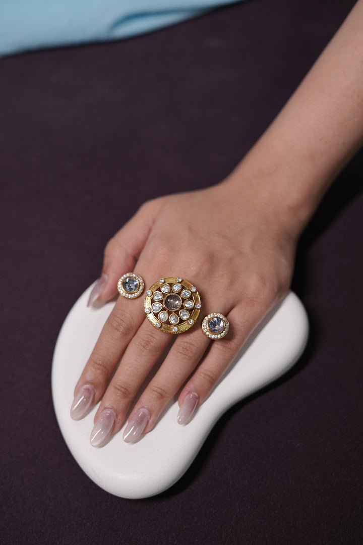 Maharaja Ashoka Wheel Three Finger Polki Golden Ring