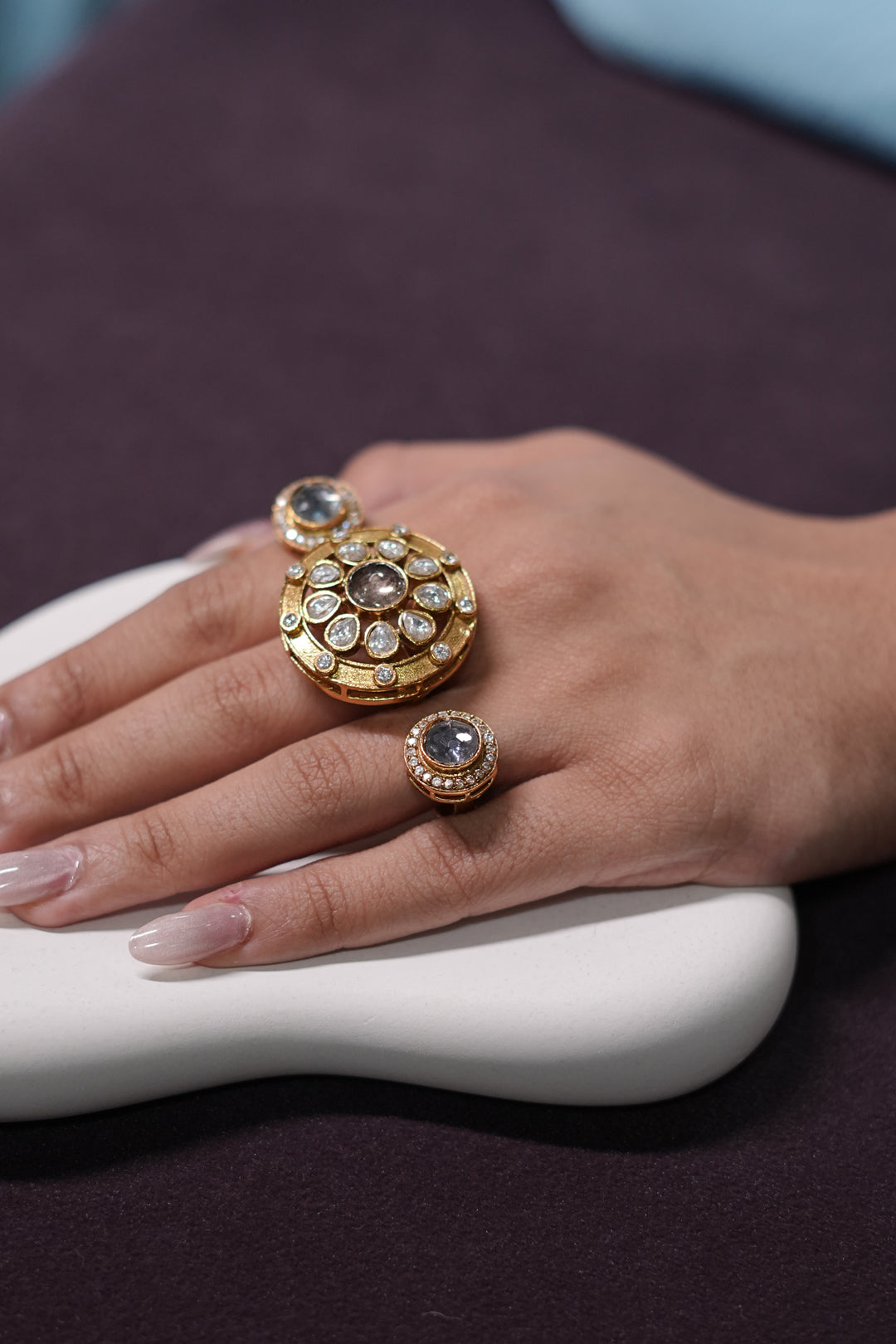 Maharaja Ashoka Wheel Three Finger Polki Golden Ring