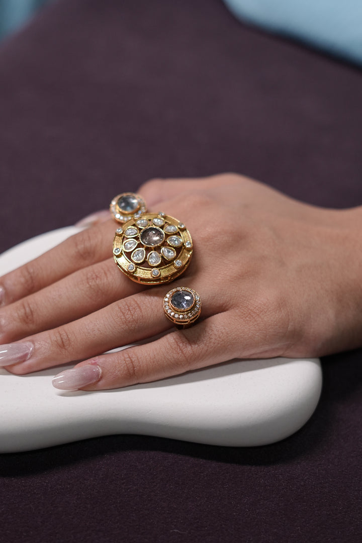 Maharaja Ashoka Wheel Three Finger Polki Golden Ring