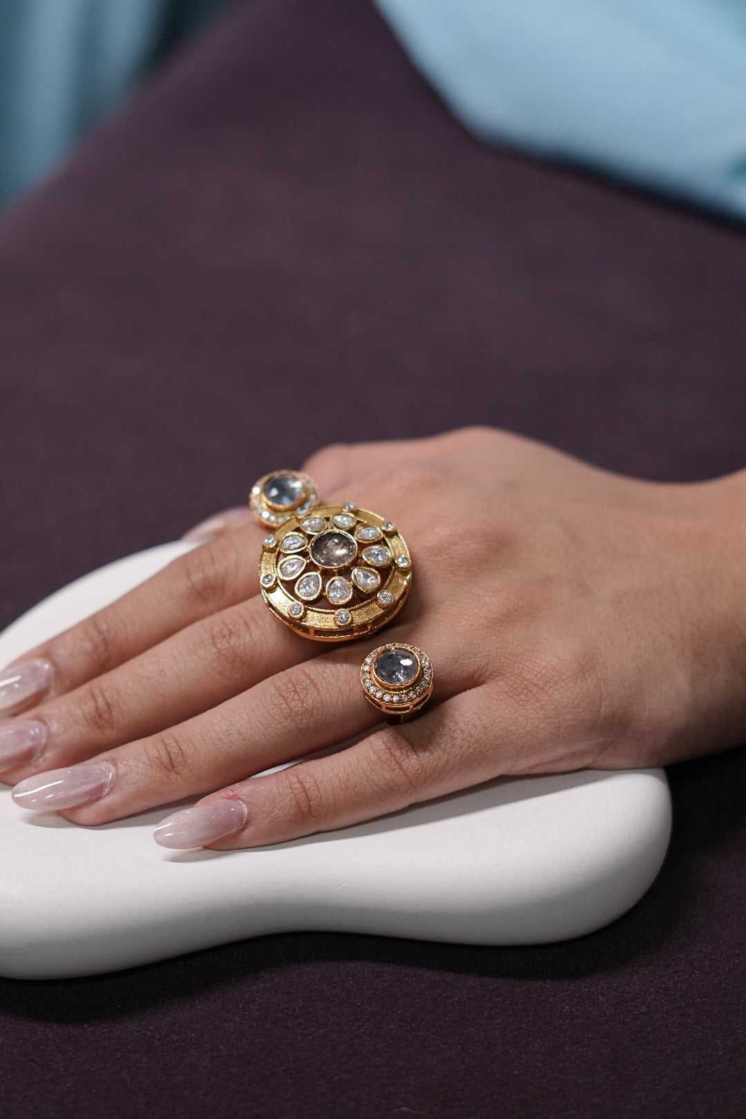 Maharaja Ashoka Wheel Three Finger Polki Golden Ring