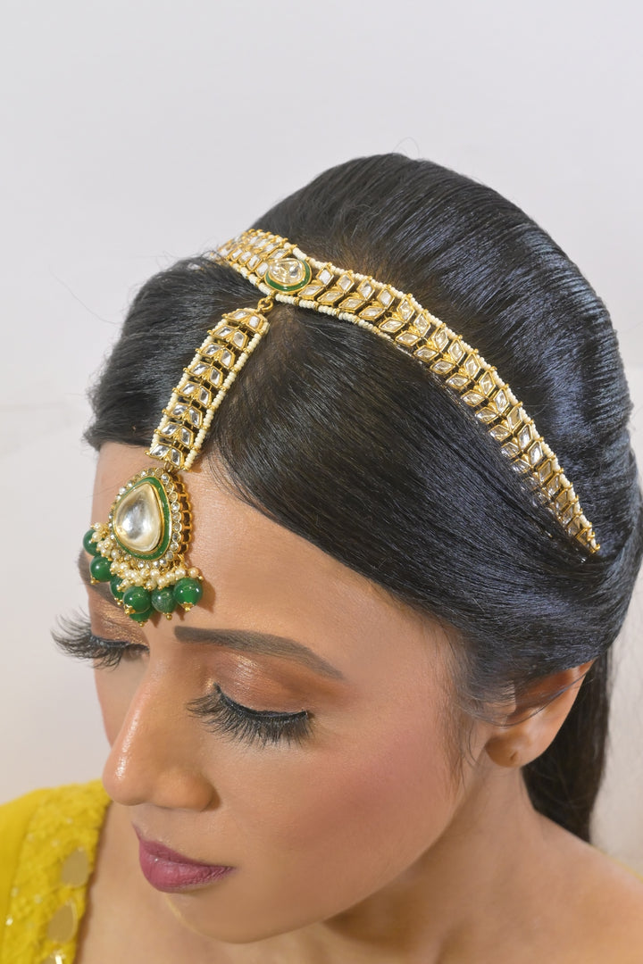 Dulhan Polki Emerald Drop Maangtika With Mathapatti