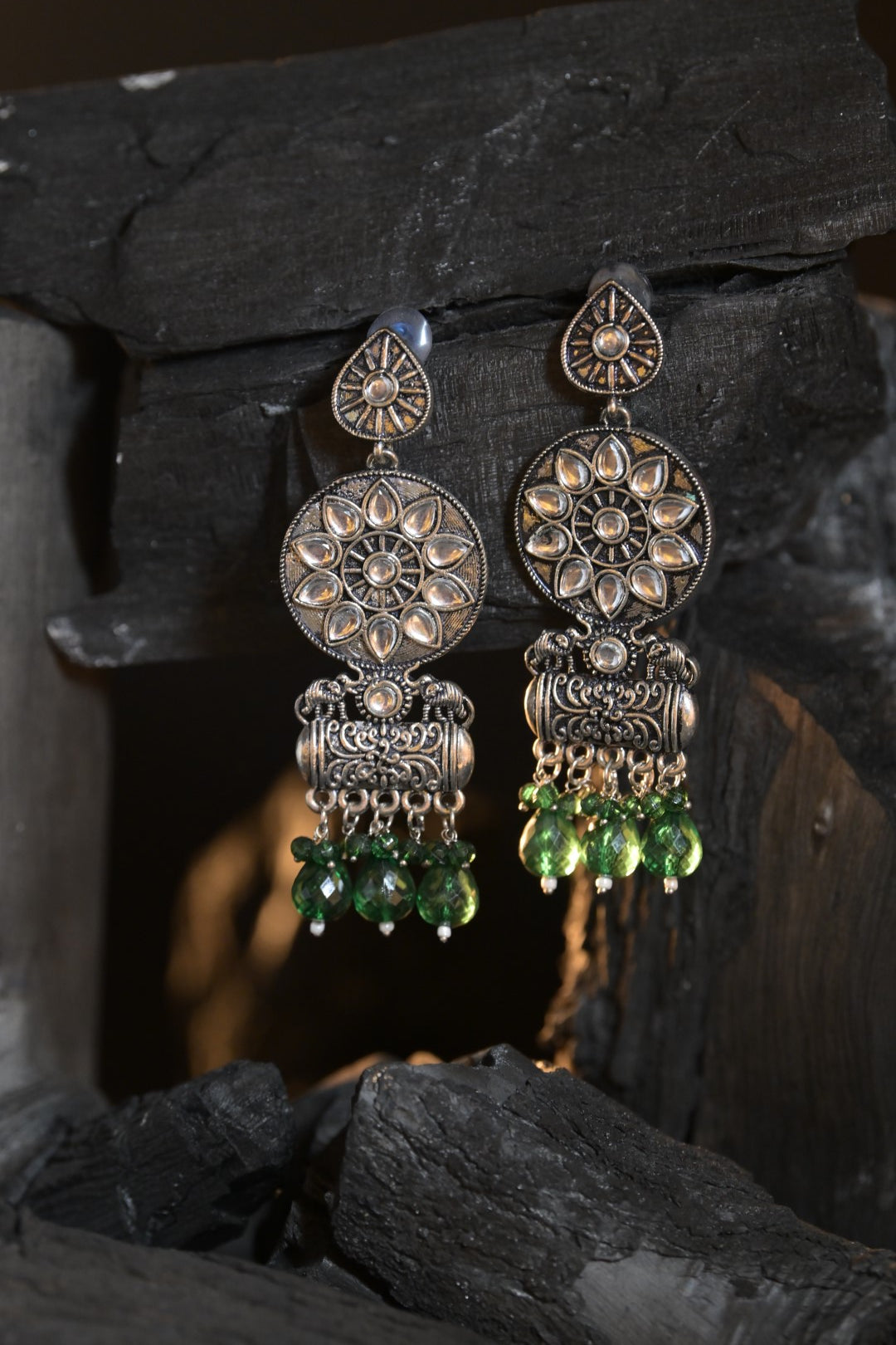 Shaily Gemstone Tassel Silver Jhumka Earrings