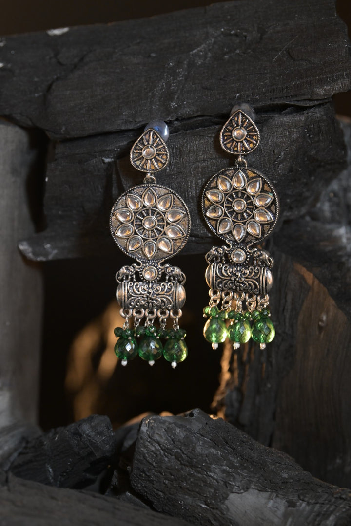 Shaily Gemstone Tassel Silver Jhumka Earrings