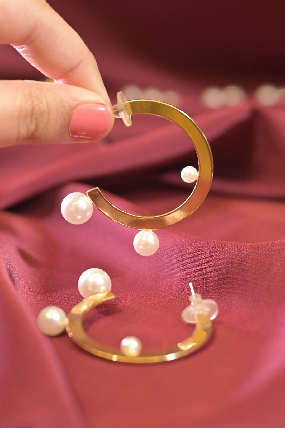 Pearl Gold Circle Half Hoops Earrings