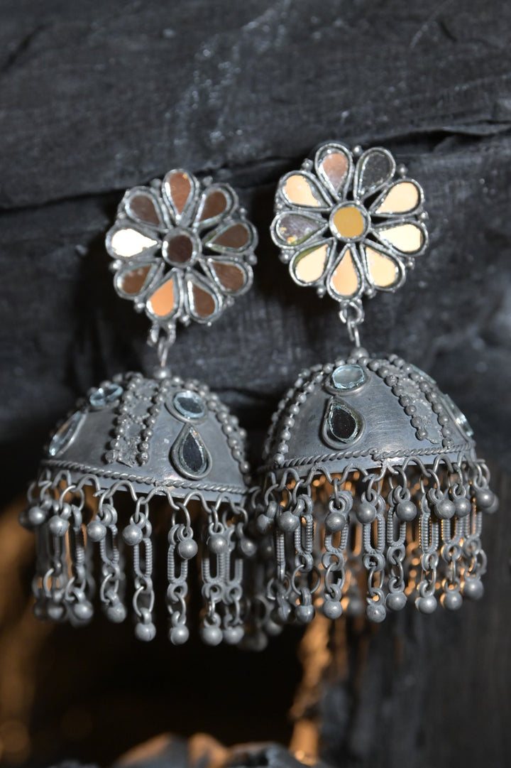 Amba Mirror Silver Jhumka Earrings