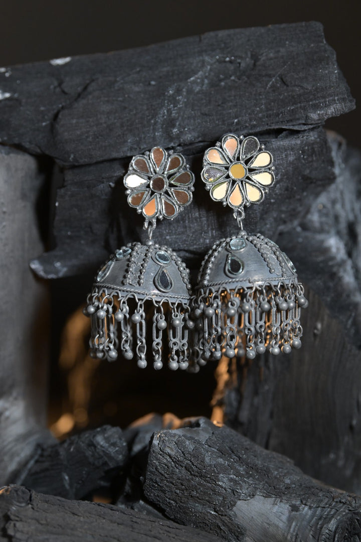 Amba Mirror Silver Jhumka Earrings