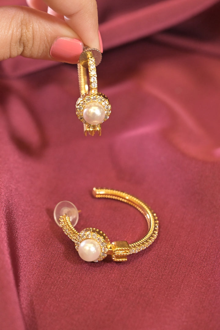 Gold Circle Pearl Hoops Earrings