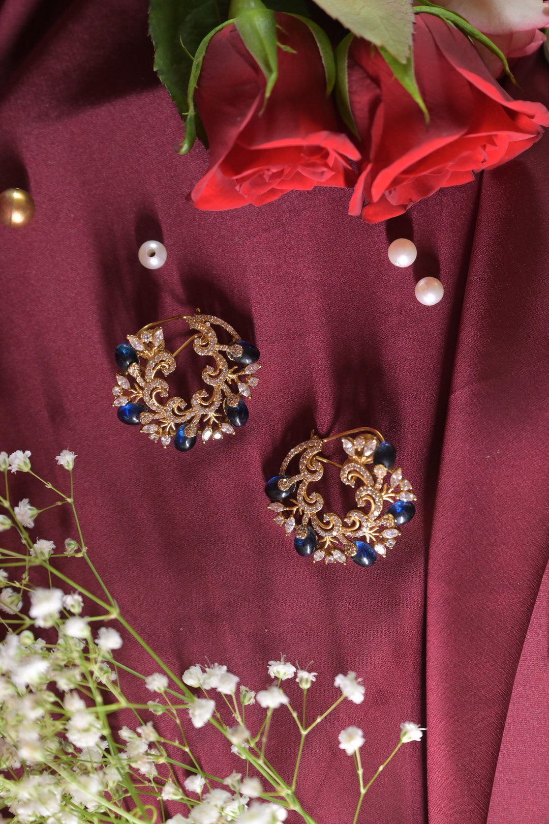 Ghazal Kundan Blue Half Hoop Studs Earrings