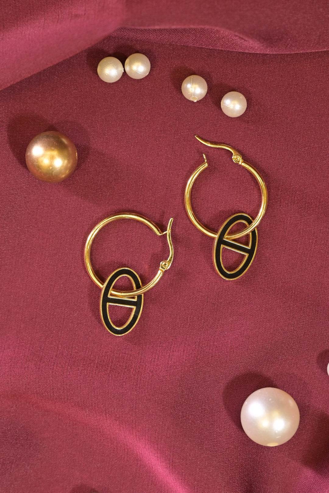 Black Gold Circle Drop Hoops Earrings