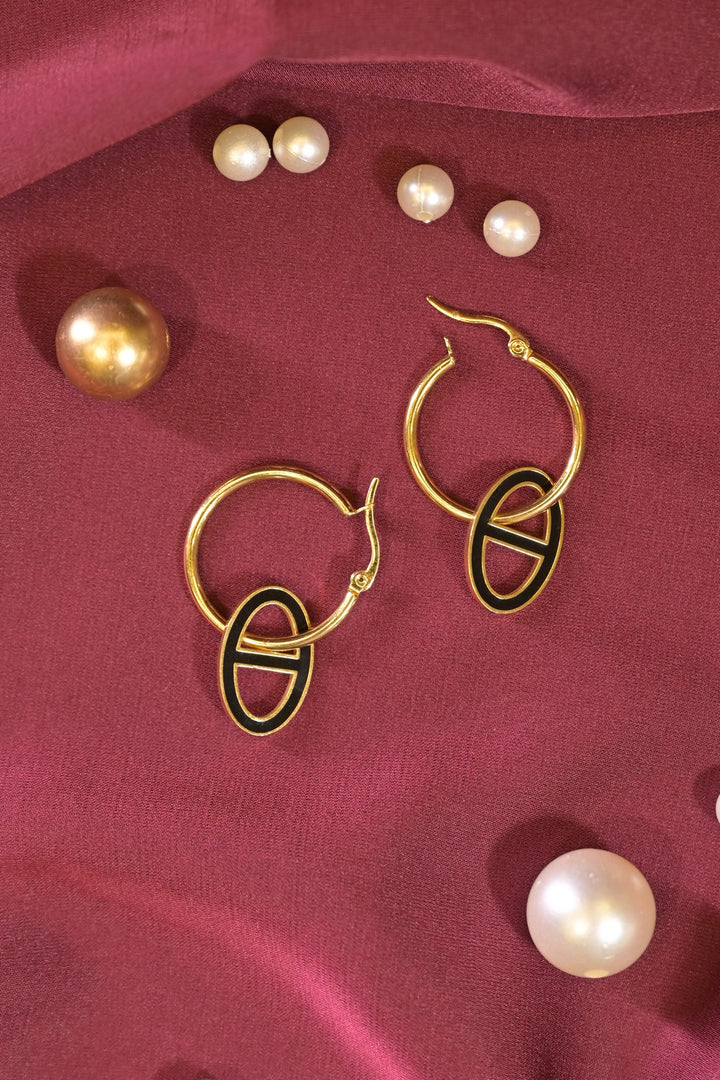 Black Gold Circle Drop Hoops Earrings