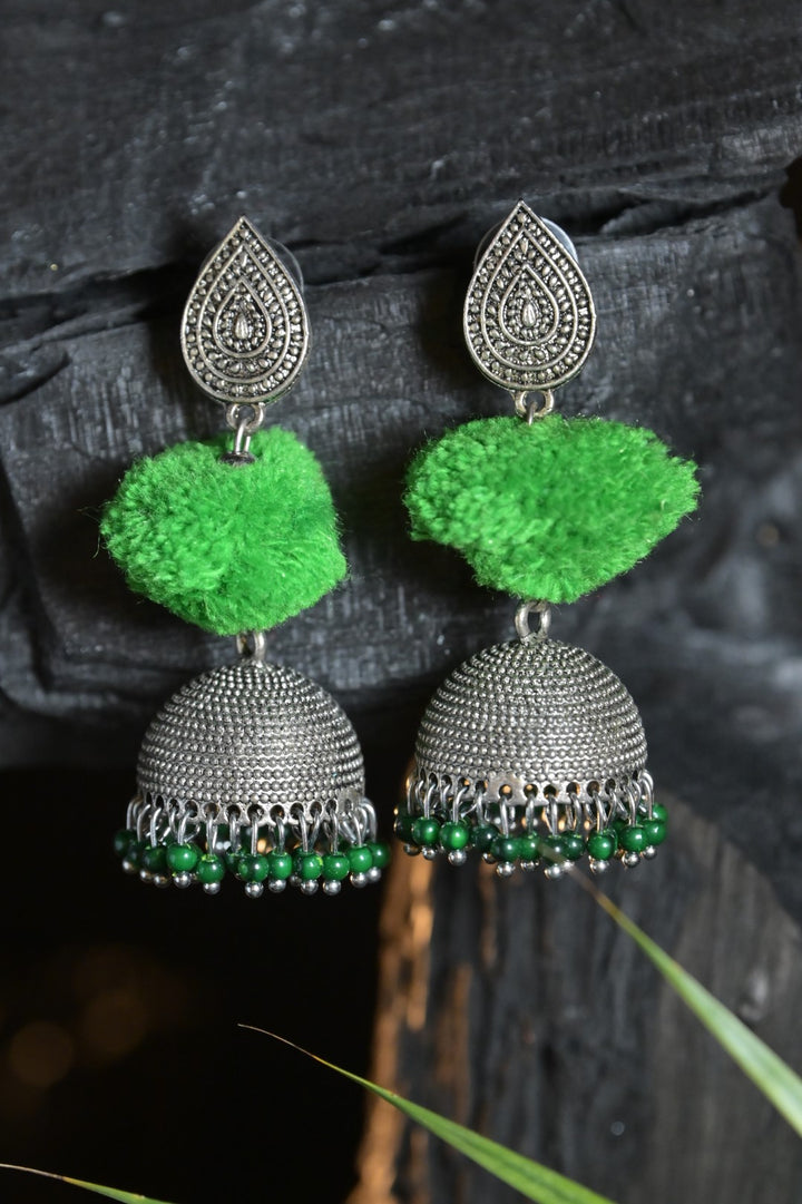 Shakti Green Navratri Silver Jhumka Earrings