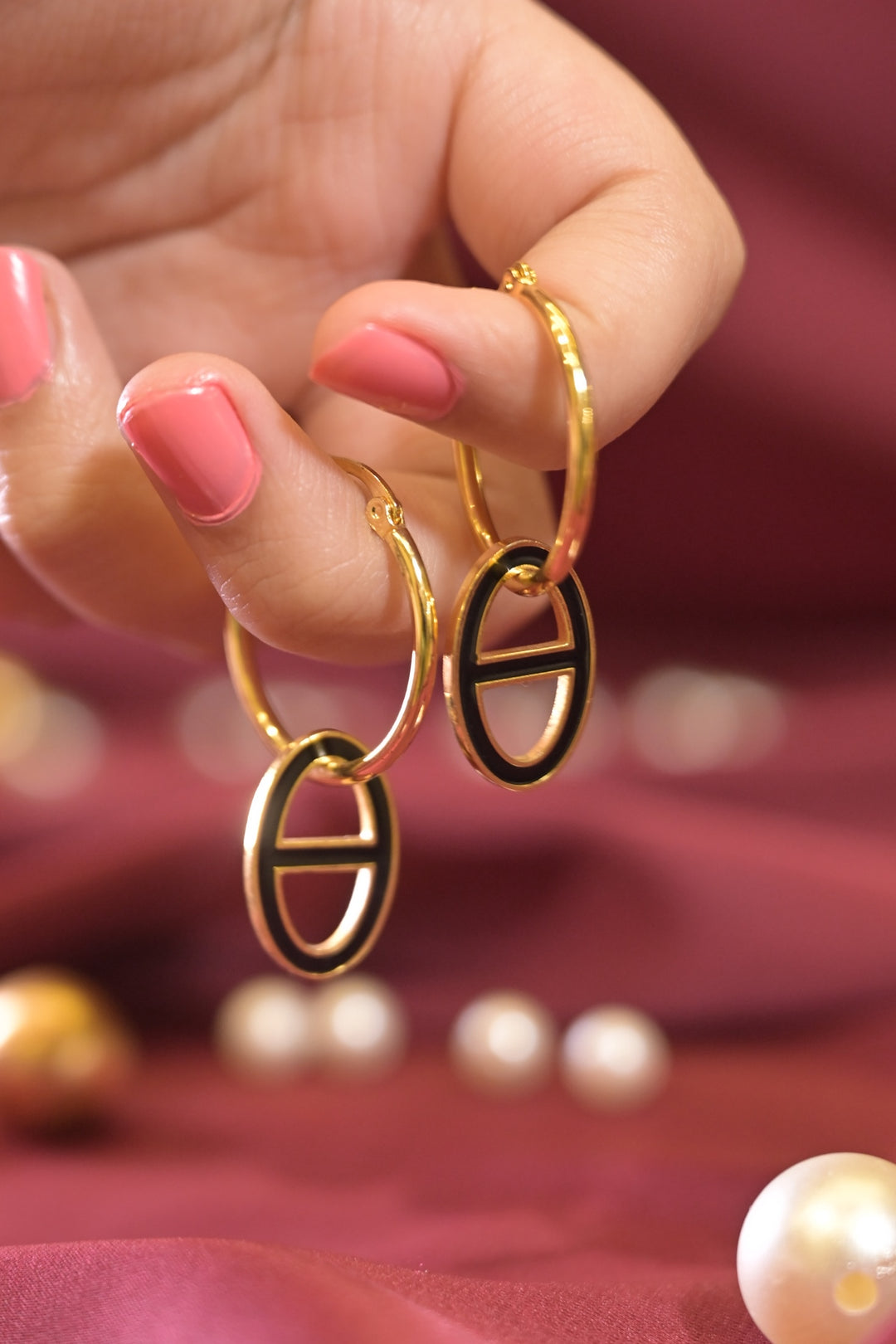 Black Gold Circle Drop Hoops Earrings