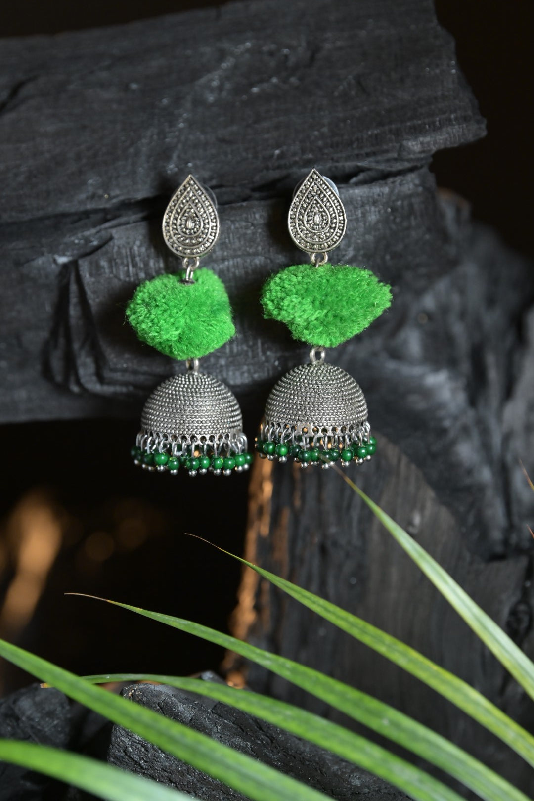 Shakti Green Navratri Silver Jhumka Earrings