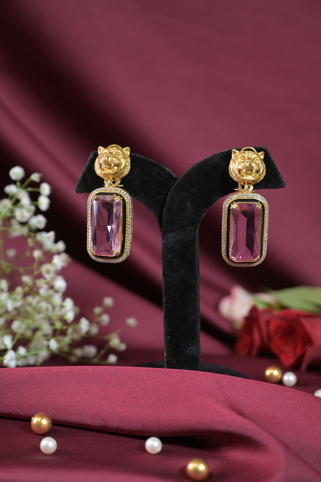 Rudra Gold Lion Crystal Drop Earrings