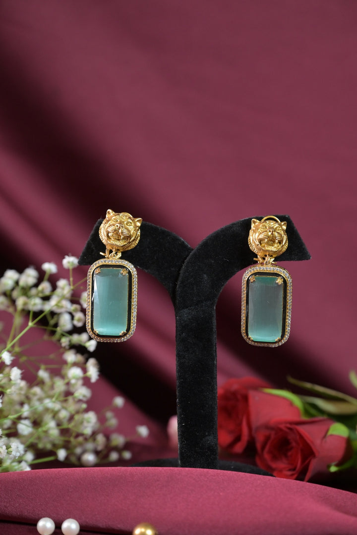 Rudra Gold Lion Crystal Drop Earrings