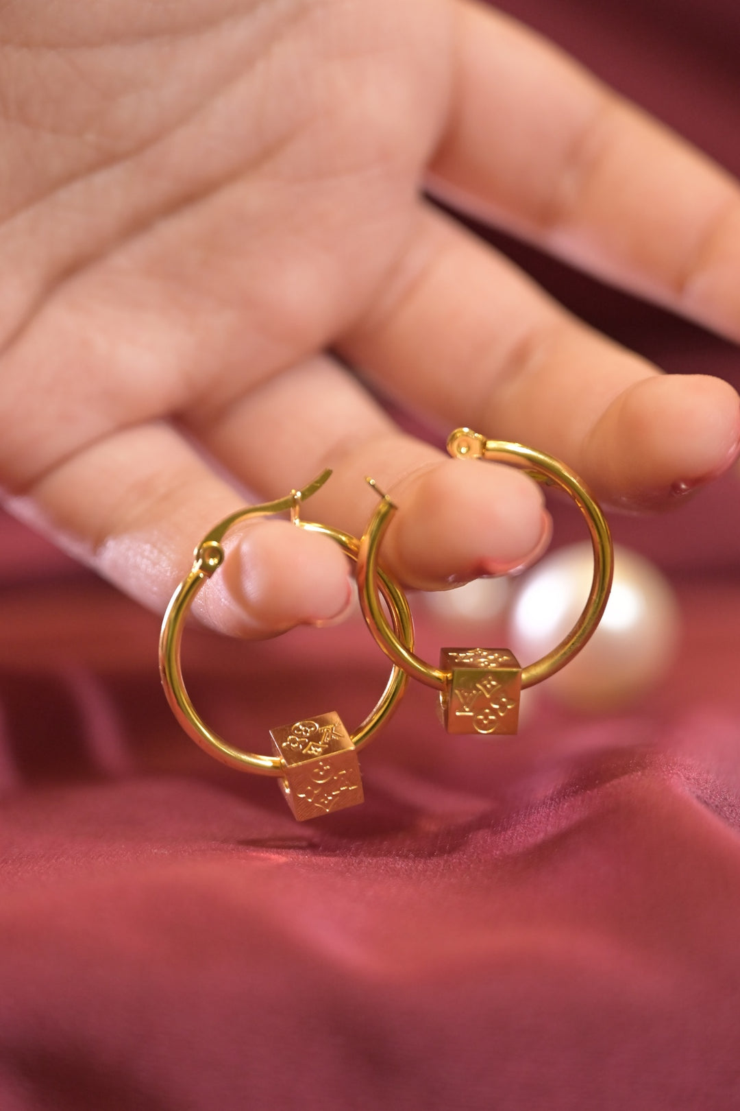 Gold Circle Square Drop Hoop Earrings
