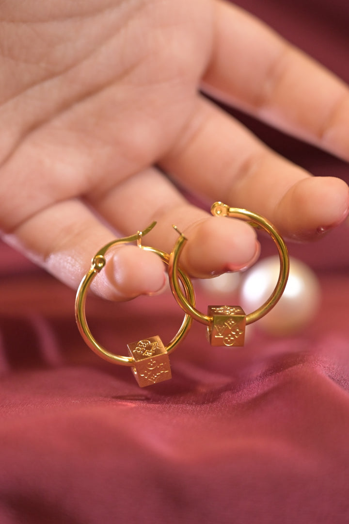 Gold Circle Square Drop Hoop Earrings