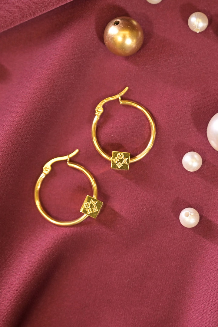 Gold Circle Square Drop Hoop Earrings