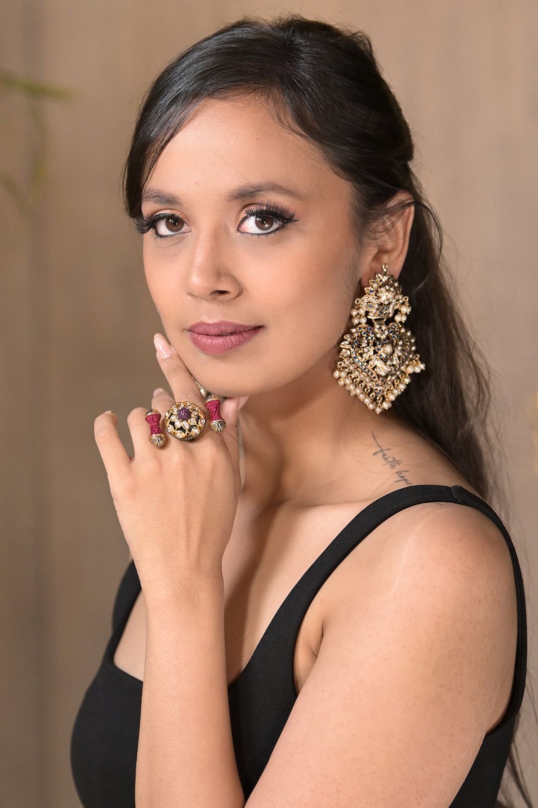 Amarpali Aura Triple Finger Oxidized Polki Ring