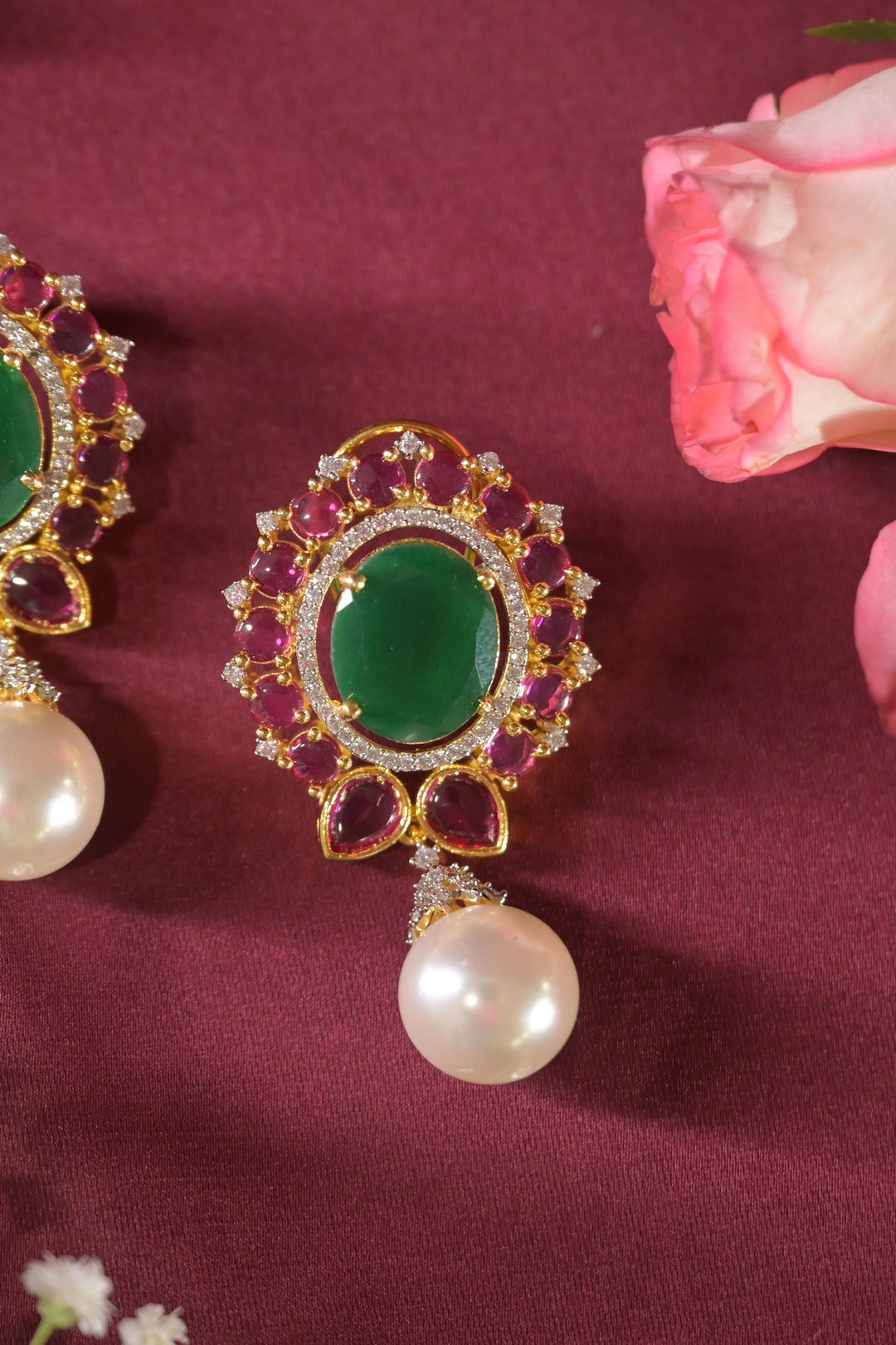 Ratna Oval Emerald Pearl Drop Earrings