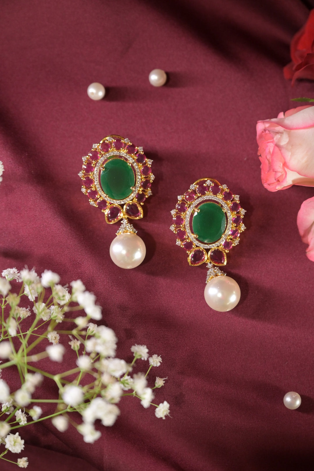 Ratna Oval Emerald Pearl Drop Earrings