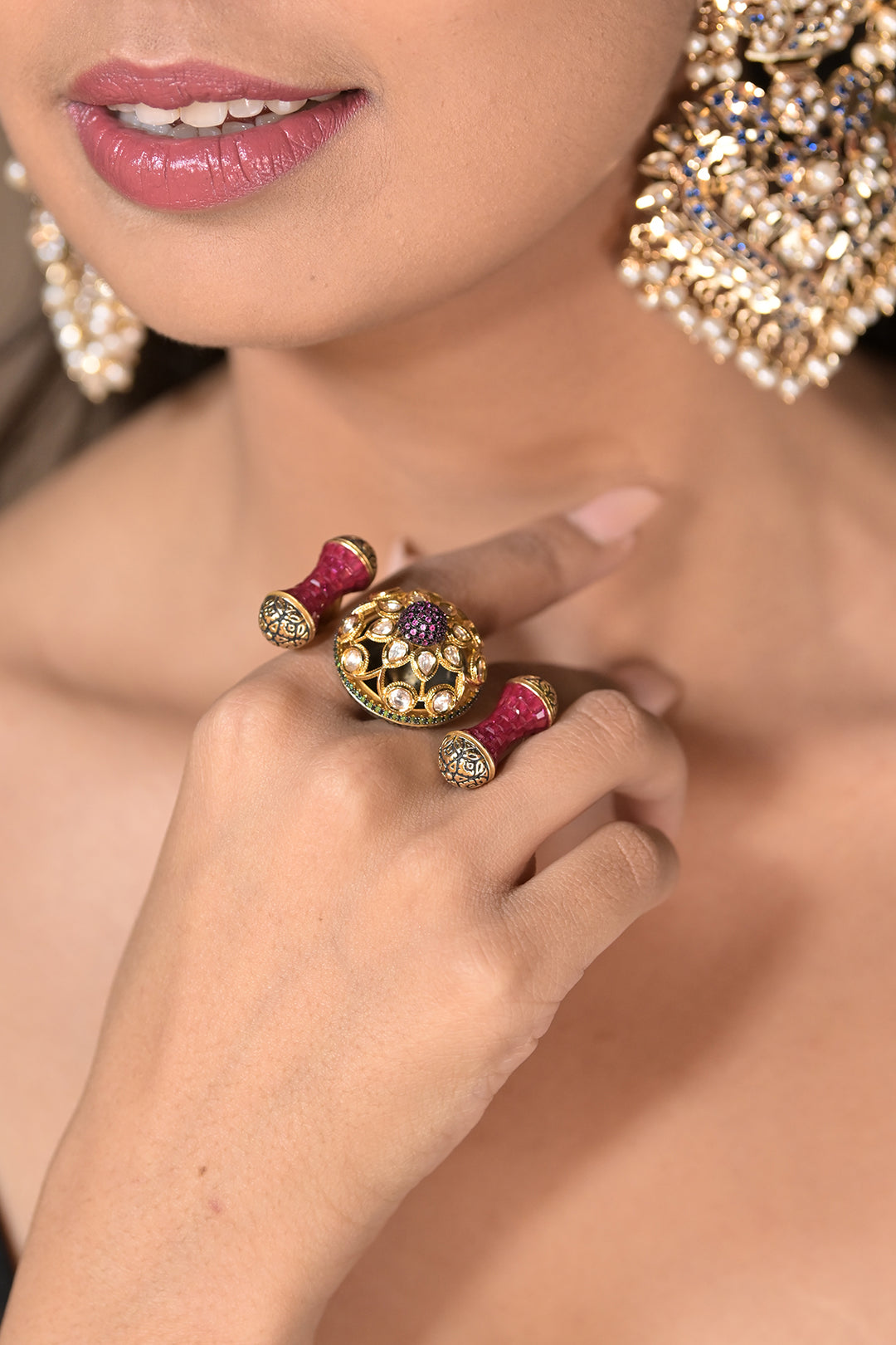 Amarpali Aura Triple Finger Oxidized Polki Ring