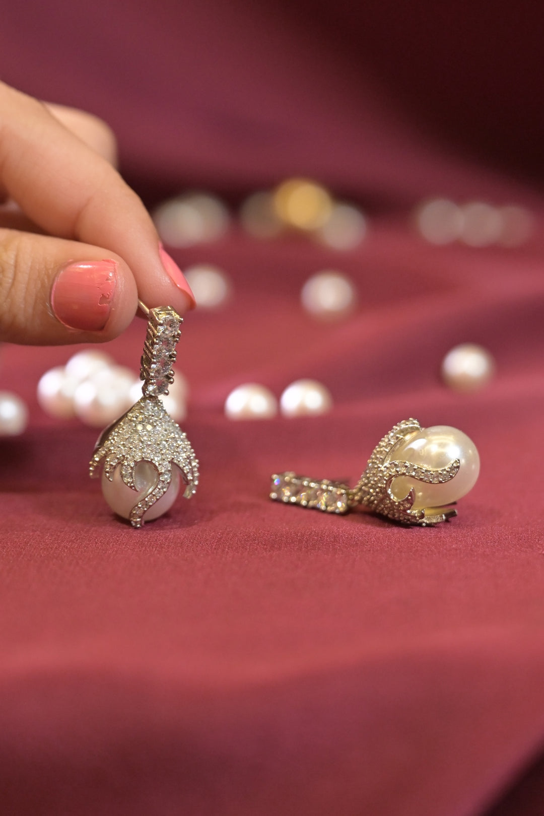 Diamond Pearl Drop Tassel Earrings