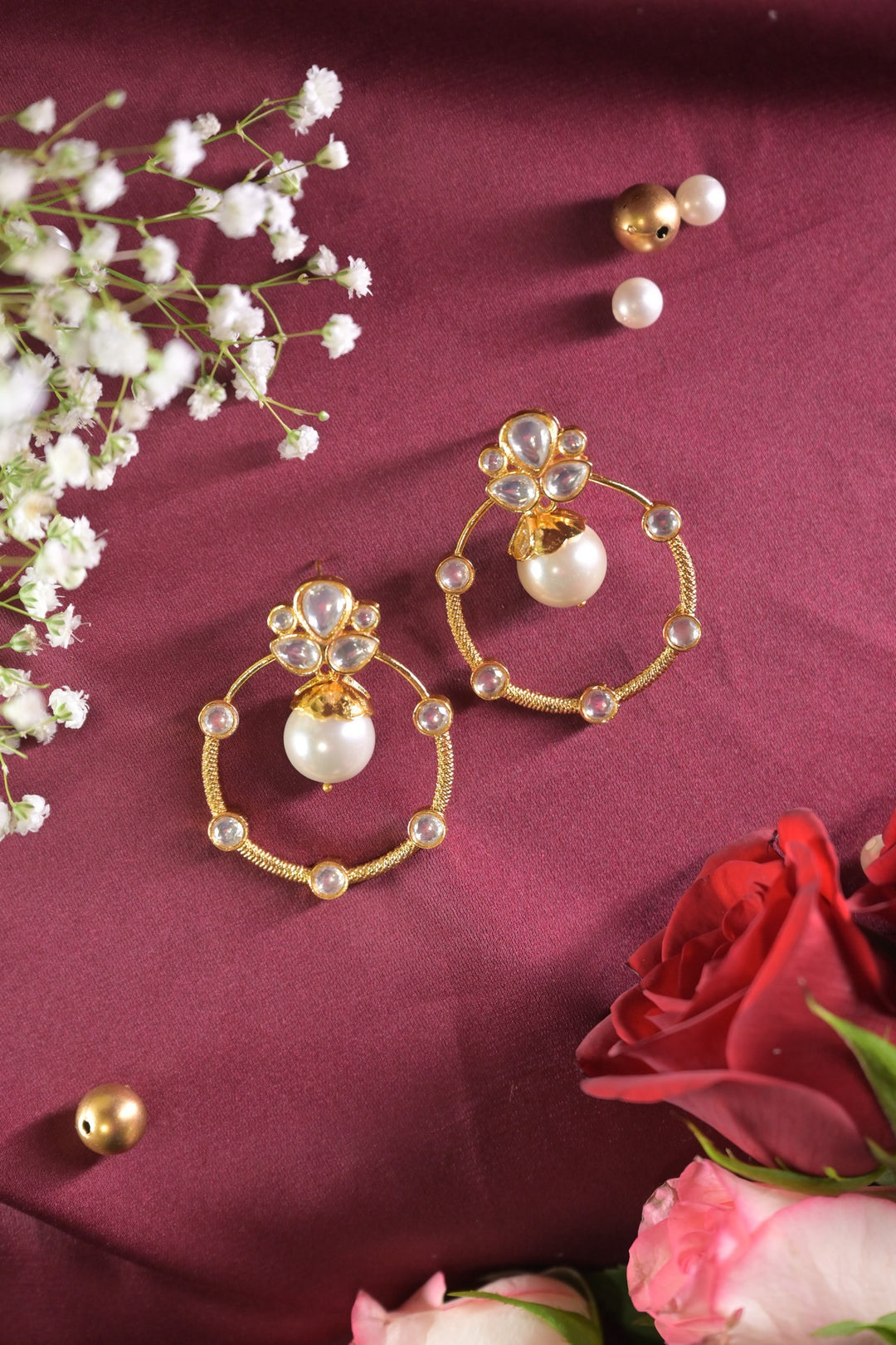 Roop Pearl Polki Hoop Stud Earrings