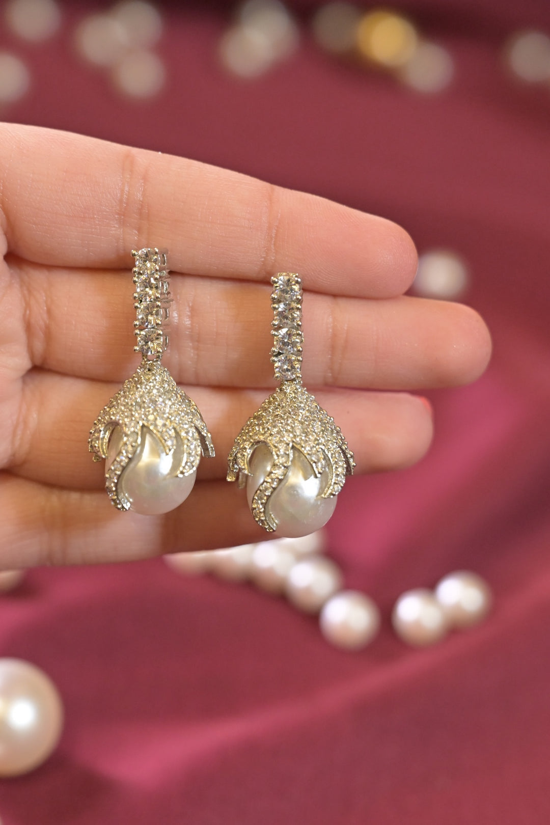 Diamond Pearl Drop Tassel Earrings