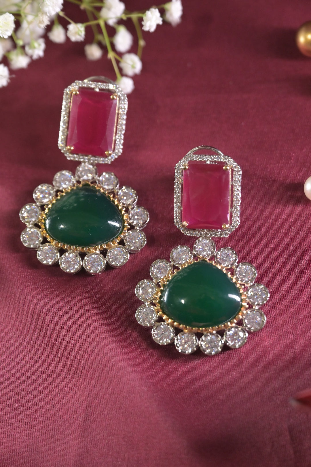 Maanik Party Ruby Emerald Dangler Earrings