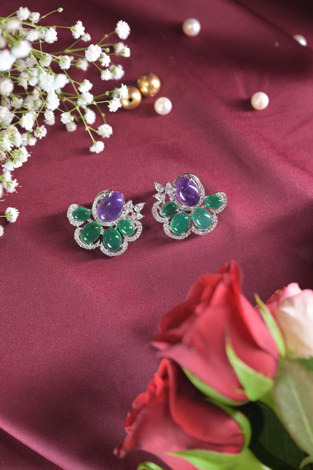 Vaari Emerald Flower Cluster Stud Earrings