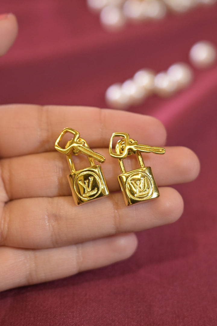 Lock And Key Gold Studs Earrings