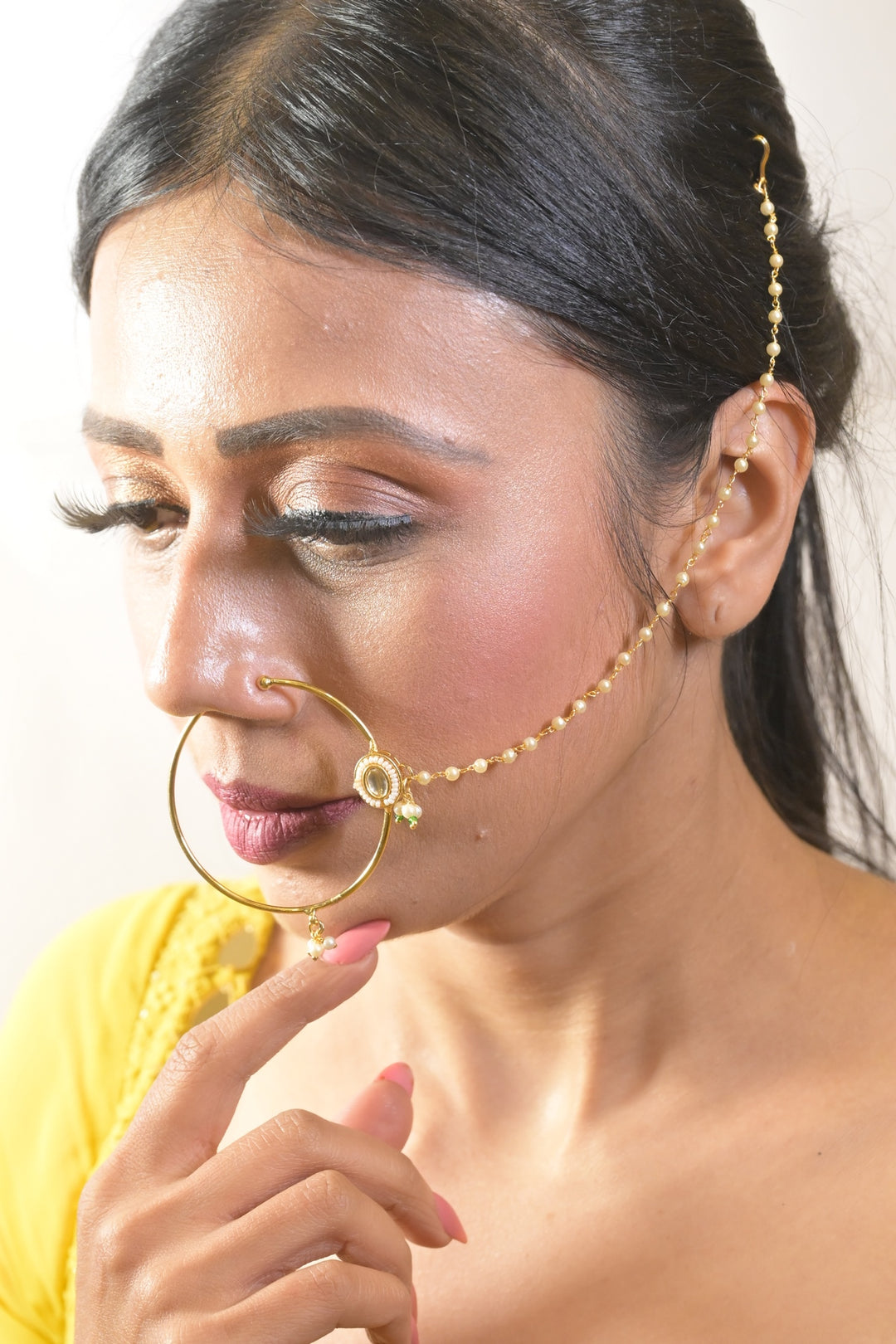 Jodha Kundan Pearl Chain Nosering