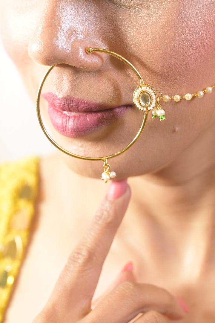 Jodha Kundan Pearl Chain Nosering