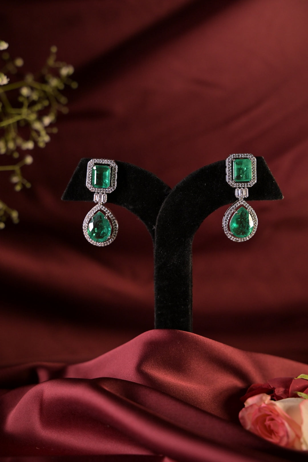 Emerald Dewdrop Square Gemstone Studs Earrings