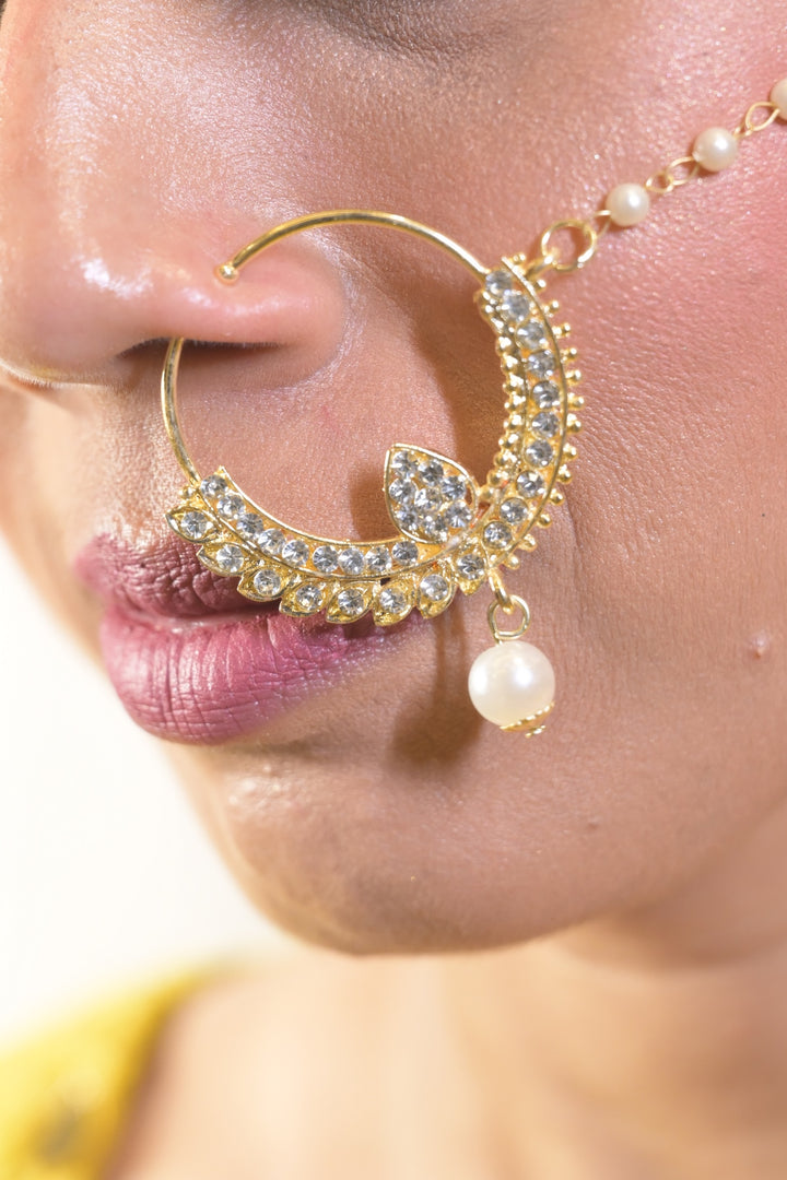 Bridal Pearl White Kundan Nosering