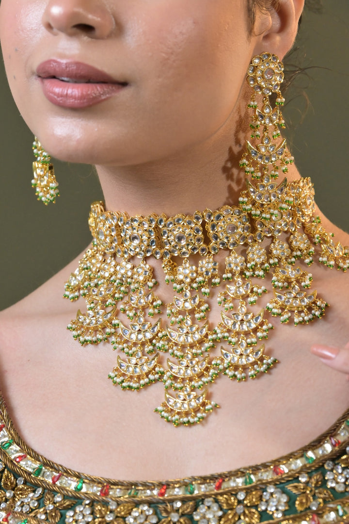 Shahjahan Bridal Tassel Golden Emerald Kundan Choker Necklace
