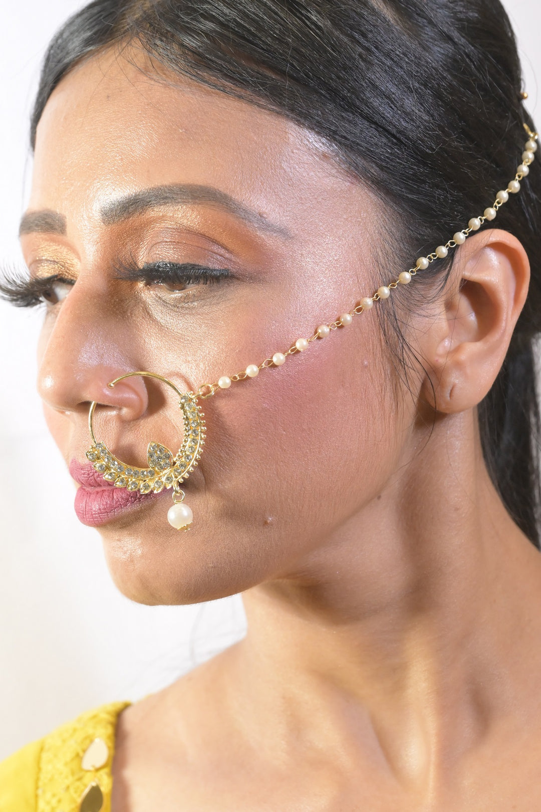 Bridal Pearl White Kundan Nosering