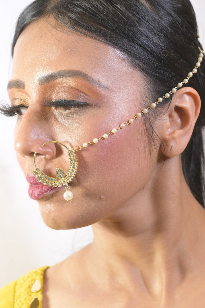 Bridal Pearl White Kundan Nosering