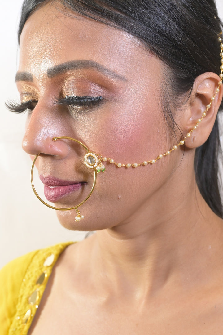 Jodha Kundan Pearl Chain Nosering