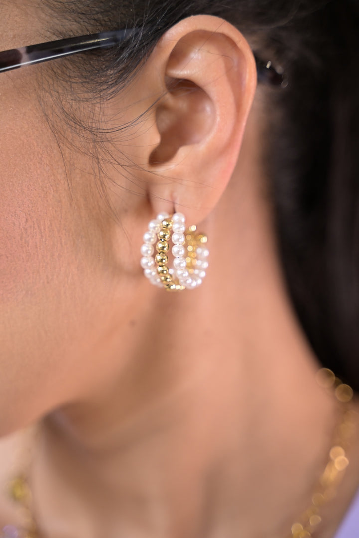 Double Pearl Golden Hoop Earring